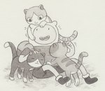 :3 ambiguous_gender backpack bottomwear clothing dot_eyes feral footwear group hat headgear headwear leg_markings male markings missing_tooth open_mouth paws shirt shoes shorts simple_eyes smile socks_(marking) tail teeth toony topwear lynxfurr adventure_time cartoon_network box_prince finn_the_human domestic_cat felid feline felis human mammal graphite_(artwork) hi_res traditional_media_(artwork)