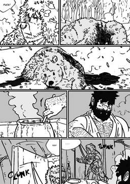 blood bodily_fluids death dialogue gore hairy male plant snow sound_effects text tree husky92 european_mythology greek_mythology mythology bovid bovine humanoid mammal minotaur orc comic english_text hi_res monochrome multiple_scenes