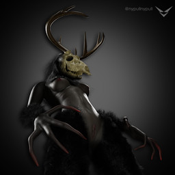 anthro arm_tuft black_body black_fur bone breasts claws female fur genitals grey_background grey_body grey_skin horn leg_tuft nipples simple_background skull skull_head solo tuft vulva wet wet_body nypull american_mythology indigenous_north_american_mythology mythology north_american_mythology wendigo 1:1 hi_res