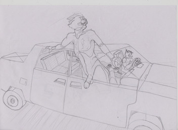 anthro car driver driving driving_nude duo erection looking_out_window looking_outside male nude one_fang public public_nudity surprised vehicle izzym domestic_cat felid feline felis hybrid lynx mammal absurd_res hi_res traditional_media_(artwork)
