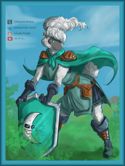 anthro armor black_boots black_clothing black_footwear black_gloves black_handwear blue_border blue_eyes boots border bottomwear cape clothing female footwear gloves green_bottomwear green_clothing green_shirt green_skirt green_topwear hair hand_on_shield handwear long_boots moon_symbol ponytail shield shirt shoes skirt sky smile solo standing topwear white_hair katsumodokat bovid caprine mammal sheep 2025 3:4 absurd_res full-length_portrait hi_res portrait