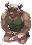 abs anthro biceps bodily_fluids bottomless brown_body brown_fur clothed clothing cum fur genital_fluids genitals hair horn male masturbation muscular muscular_anthro muscular_male orgasm pecs penis pubes shirt solo tank_top topwear white_hair rudolph_trnd lifewonders tokyo_afterschool_summoners shennong_(tas) bovid bovine cattle mammal censored hi_res