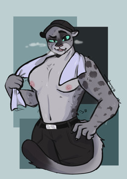 after_exercise anthro athletic belt bodily_fluids bottomwear breasts breath broad_shoulders candy clothed clothing dessert exposed_breasts female female_anthro fluffy food fur grey_body grey_fur lollipop looking_at_viewer markings medium_breasts muscular muscular_anthro muscular_female nipple_slip nipples panting pants pants_only simple_background solo spots spotted_body sweat tail teasing teasing_viewer topless topless_anthro topless_female towel towel_around_neck ooumapossum dreamworks the_bad_guys kitty_kat_(the_bad_guys) felid mammal pantherine snow_leopard
