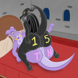 anthro anus bed bedroom_eyes big_butt black_body bodypaint butt detailed_background duo female female/female furniture genitals inside jewelry lying membrane_(anatomy) membranous_wings narrowed_eyes on_back on_bed painted_butt pendant pillow purple_body raised_tail seductive sex smile tail tribadism vaginal vulva wings sharkinwaves mythology reversal_of_the_heart dragon mythological_creature mythological_scalie scalie 1:1 hi_res