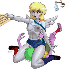 alternate_species big_breasts blonde_hair bottomwear breasts clothed clothing duo facesitting female green_hair hair humanized humanoidized no_underwear raised_bottomwear raised_clothing raised_skirt simple_background sitting_on_another skirt straddling torn_clothing white_background wide_hips flick-the-thief friendship_is_magic hasbro my_little_pony derpy_hooves_(mlp) spike_(mlp) human humanoid mammal