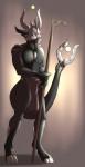 anthro biped black_body black_scales black_tail bottomwear clothed clothing featureless_chest grey_background holding_object holding_staff horn loincloth looking_away male mask pole scales shadow simple_background skull_mask solo staff standing tail topless spinal22 keinos divenka scalie hi_res