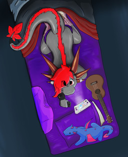 anthro big_eyes clothing female footwear game_system hair high-angle_view leaf leaf_tail looking_up lute musical_instrument panties plucked_string_instrument plushie red_hair socks solo string_instrument tail ukulele under_covers underwear lady_vira a_dragonian_tale dragonian_(a_dragonian_tale) absurd_res hi_res