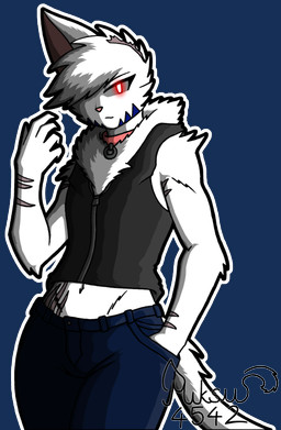 anthro blue_stripes bottomwear clothing collar denim denim_bottomwear denim_clothing fur hand_in_pocket jeans male neck_tuft pants pockets red_eyes scar scars_all_over sleeveless_hoodie solo stripes torn_ear tuft white_body white_fur miksu4542 rani_(miksu4542) felid feline mammal