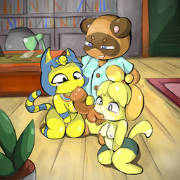 aloha_shirt anthro anthro_on_anthro ball_suck balls blue_eyes bookshelf bottomless chair chibi clothed clothing collaborative collaborative_fellatio collaborative_oral collaborative_sex desk fellatio female fingering fingering_self furniture genitals group group_sex humanoid_genitalia humanoid_penis inside interspecies lamp male male/female masturbation nude oral pattern_clothing pattern_shirt pattern_topwear penile penis plant rug sex shirt stairs sucking table threesome topless topwear trio vaginal vaginal_fingering vaginal_masturbation lewdenantdan animal_crossing nintendo ankha_(animal_crossing) isabelle_(animal_crossing) tom_nook_(animal_crossing) canid canine canis domestic_cat domestic_dog felid feline felis mammal raccoon_dog shih_tzu tanuki toy_dog 1:1