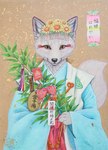 anthro asian_clothing clothed clothing east_asian_clothing female fur japanese_clothing kimono orange_eyes simple_background solo text white_body white_fur kaho_nishikawa asian_mythology east_asian_mythology japanese_mythology mythology canid canine fox mammal red_fox true_fox absurd_res hi_res japanese_text traditional_media_(artwork)