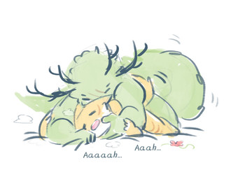 anthro bed bed_sheet bedding bite_mark duo from_behind_position fur furniture green_body green_fur holding_face horn intimate lying male male/male moan multi_eye nude nuzzling on_front open_mouth prone_bone_position sex simple_background size_difference speed_bump_position white_background yellow_body yellow_fur laserbobcat cult_of_the_lamb massive_monster_(studio) leshy_(cult_of_the_lamb) yellow_cat_(cult_of_the_lamb) bagworm felid feline mammal 2026 colored