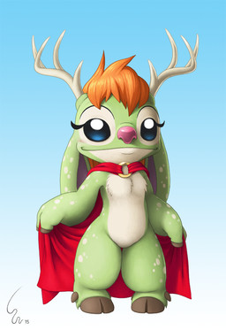 antlers blue_eyes blush cape chest_tuft clothing eyelashes female fur gradient_background green_body green_fur hair hooves horn markings mostly_nude orange_hair pink_nose simple_background smile solo spots spotted_body spotted_fur standing tuft ribera disney lilo_and_stitch fan_character shyft alien experiment_(lilo_and_stitch) 2015 digital_media_(artwork) shaded soft_shading