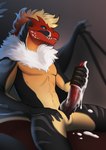 animal_genitalia anthro big_penis blue_eyes bodily_fluids cum cum_drip dripping erection genital_fluids genital_slit genitals long_penis male masturbation membrane_(anatomy) membranous_wings neck_tuft nude_male penetrable_sex_toy penile penile_masturbation penis red_body red_scales scales sex_toy sharp_teeth sitting solo tapering_penis teeth tuft wings alduinred carbide_(entropy_bill) dinosaur dromaeosaurid hybrid prehistoric_species pterosaur reptile scalie theropod hi_res