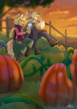 anthro autumn beverage biped black_markings black_nose blonde_hair blue_eyes boots bottomwear clothed clothing countershade_face countershade_torso countershading detailed_background dipstick_ears dipstick_tail duo dusk ear_markings eye_contact eyebrows female fence fluffy fluffy_tail food footwear fruit grass hair holding_beverage holding_object jacket looking_at_another male markings multicolored_body multicolored_ears open_mouth outside pants plant pumpkin pumpkin_patch scarf shirt shoes short_hair sitting sitting_on_ground sunset tail tail_markings teeth text tongue topwear tree two_tone_body white_body white_countershading yellow_body young young_anthro young_female young_male galo pucco tammy_(tycloud) tycloud canid canine fox mammal 2025 absurd_res artist_collaboration english_text hi_res cousins_(lore)