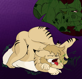 annoyed anthro belly big_belly black_markings brown_hair burping claws duo eyes_closed female fur green_body green_fur gynomorph hair internal intersex intersex/female markings multicolored_body onomatopoeia open_mouth pawpads paws rumbling_stomach sound_effects tail tan_body text tongue tongue_out vore wet white_body bluedoge77 jade_(wiry128) jay_(wiry128) canid canine fish mammal maned_wolf marine shark absurd_res hi_res