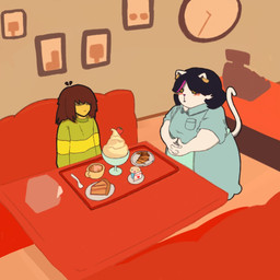 ambiguous_gender anthro duo female female/ambiguous female_anthro duckypochoclo deltarune undertale_(series) catti_cattenheimer kris_dreemurr domestic_cat felid feline felis human mammal 1:1 hi_res