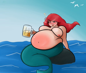 alcohol areola beer belly beverage big_belly big_breasts blush breasts drunk female hair monster_girl_(genre) nipples nude obese obese_female obese_humanoid overweight overweight_female overweight_humanoid red_hair simple_background solo split_form substance_intoxication water itaohs disney the_little_mermaid_(1989) ariel_(disney) animal_humanoid aquatic aquatic_humanoid fish fish_humanoid humanoid merfolk