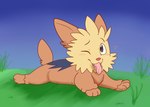 ambiguous_gender fangs feral generation_5_pokemon grass heart_symbol lillipup nintendo paws plant pokemon pokemon_(species) relaxing river simple_background solo sploot teeth tongue tongue_out vrisky8its