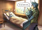 absurd_res anthro baby beastars bed bodily_fluids canid canine canis claws colored daww domestic_rabbit dwarf_rabbit english_text fan_character father_(lore) father_and_child_(lore) father_and_son_(lore) female furniture group haru_(beastars) hi_res hospital hospital_bed hybrid lagomorph lee_(greatlizardwizard) legoshi's_chimera_(beastars) legoshi_(beastars) leporid long_ears male mammal mother_(lore) mother_and_child_(lore) mother_and_son_(lore) newborn oryctolagus parent_(lore) parent_and_child_(lore) parent_and_son_(lore) post_birth rabbit smile son_(lore) speech_bubble sunny_frostwolf tail tears text trio window wolf young