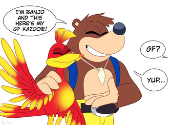 4_fingers anthro avian_feet backpack beak belt black_nose bottomwear brown_body brown_fur brown_hair buckle clothed clothing dialogue duo eyes_closed feathers featureless_crotch female fingers fur gesture hair hand_on_shoulder happy jewelry male necklace nude offscreen_character orange_body orange_feathers pink_beak red_body red_feathers simple_background smile speech_bubble tan_body tan_fur text topless waving white_background wings yellow_beak yellow_body yellow_bottomwear yellow_clothing yellow_feathers skelly_doll banjo-kazooie rareware banjo_(banjo-kazooie) kazooie avian bear bird breegull mammal 2020 english_text hi_res