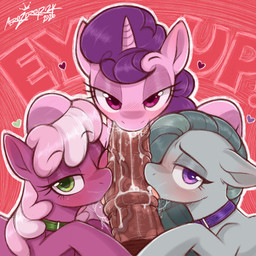 animal_ears animal_genitalia animal_penis bedroom_eyes collaborative collaborative_fellatio collaborative_oral collaborative_sex equine_genitalia equine_penis eyelashes fellatio female feral genitals green_eyes grey_body grey_hair group hair heart_symbol licking looking_at_viewer male male/female multicolored_hair narrowed_eyes oral penile penis penis_lick pink_hair pupils purple_body purple_eyes purple_hair quadruped seductive sex simple_background tongue aer0_zer0 friendship_is_magic hasbro my_little_pony cheerilee_(mlp) marble_pie_(mlp) sugar_belle_(mlp) equid equine mammal absurd_res hi_res