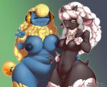 3_fingers anthro anthrofied areola belly big_breasts black_areola black_body black_nipples black_skin blue_areola blue_body blue_nipples blue_skin blush breast_size_difference breasts curvy_figure deep_navel duo eyes_closed female fingers fur genitals horn looking_at_viewer navel nipples nude pigtails pussy slightly_chubby thick_thighs tongue tongue_out voluptuous white_body white_fur wide_hips wool_(fur) yellow_body yellow_eyes yellow_fur pleasantfurrini sigmabunn nintendo pokemon bovid caprine generation_2_pokemon generation_8_pokemon mammal mareep pokemon_(species) wooloo 2019 digital_media_(artwork) hi_res