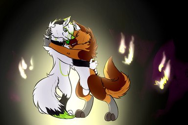 anthro dark duo glowing male romantic romantic_couple solarior meleker shepry arctic_fox canid canine canis domestic_dog fox german_shepherd herding_dog mammal monster pastoral_dog true_fox 3:2