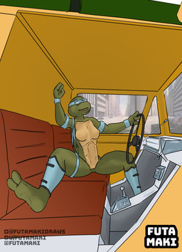 behind_the_wheel breasts exposed_breasts feet female genitals green_body green_skin medium_truck photo_background solo spread_legs spreading truck van vehicle vulva futamaki teenage_mutant_ninja_turtles venus_de_milo_(tmnt) reptile scalie turtle hi_res photography_(artwork)