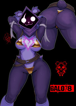 anthro bandage bear_tail big_butt bikini breasts butt chibi clothing female fur gold_bikini harness hip_tuft medium_breasts purple_body purple_fur small_tail solo swimwear tail tuft two-piece_swimsuit wide_hips galo78 epic_games fortnite raven_team_leader bear mammal hi_res