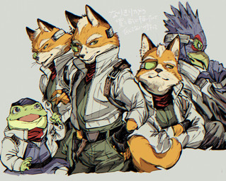 anthro beak belt belt_buckle black_clothing black_gloves black_handwear black_whiskers blue_baseball_cap blue_body blue_feathers bottomwear buckle claws clothed clothed_anthro clothed_male clothing crossed_arms feathers fingerless_gloves fluffy fluffy_tail fur gloves green_body green_bottomwear green_clothing green_eyes green_pants green_skin grey_clothing grey_jacket grey_topwear group hand_on_hip handwear jacket kerchief male male_anthro neckerchief neckwear open_mouth orange_body orange_fur pants pilot pilot_uniform red_kerchief red_neckerchief sitting smile smirk standing tail tan_body tan_fur text tools topwear trio visor whiskers wrench zipper reticulum5100 nintendo star_fox star_fox_(2026) falco_lombardi fox_mccloud slippy_toad amphibian avian canid canine fox frog mammal 2026 digital_media_(artwork) hi_res japanese_text multiple_images