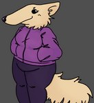 anthro blush clothed clothing female fully_clothed fur grey_background hand_in_pocket happy jacket legwear makeup pivoted_ears pockets purple_clothing purple_sweater purple_topwear simple_background slightly_chubby smile solo sweater tan_body tan_fur thick_thighs tights topwear mdctoby12 borzoi canid canine canis domestic_dog hunting_dog mammal sighthound