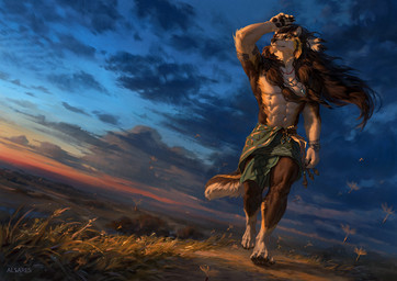 abs accessory anthro armlet barefoot biped bracelet brown_body brown_fur claws clothed clothed_anthro clothed_male clothing cloud dutch_angle facial_markings feather_in_hair feet fingers front_view fur grass hair hair_accessory head_markings jewelry long_hair loose_feather male markings muscular muscular_anthro muscular_male navel necklace outside pawpads paws pendant plant solo standing tail toes topless topless_anthro topless_male white_body white_fur alsares regis_(rumeng) canid canine canis mammal wolf 2026 digital_drawing_(artwork) digital_media_(artwork)