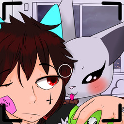 anthro band-aid bandage blush camera cat_tail clothing cross duo female hair inside male photo purple_body red_eyes red_hair shirt snout spiky_hair tired tongue topwear window kajizy kid_vs._kat dr._k_(kid_vs._kat) tomy_(kajizy) alien domestic_cat felid feline felis human humanoid mammal 1:1