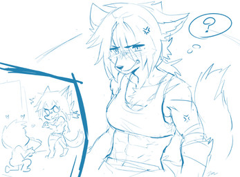 abs angry annoyed anthro athletic athletic_female blush clenched_teeth clothing confusion duo female heart_symbol kneeling male on_one_knee open_mouth simple_background standing teeth white_background sollyz canid canine fox human mammal 2019 digital_drawing_(artwork) digital_media_(artwork) sketch