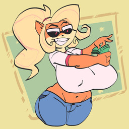 anthro big_breasts blonde_hair bottomwear breasts clothing counting_money eyewear female hair huge_breasts midriff money navel nipple_outline orange_body pants ponytail shirt smile solo sunglasses teeth thick_thighs topwear wide_hips mooncheese activision crash_bandicoot_(series) coco_bandicoot bandicoot mammal marsupial 1:1