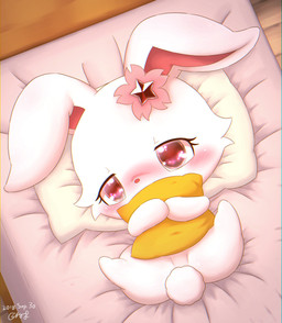 bed blush cherry_blossom featureless_crotch female feral flower fur furniture half-closed_eyes lying narrowed_eyes on_back pillow pink_nose plant prunus_(flower) red_eyes solo spread_legs spreading white_body white_fur zeru_(ma) jewelpet sanrio sega sega_fave ruby_(jewelpet) hare japanese_hare lagomorph leporid mammal hi_res