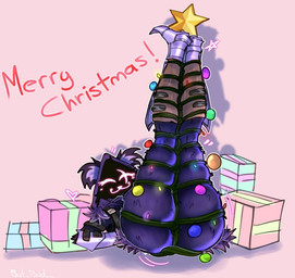 anthro bound box christmas_decorations christmas_lights container female fur gift gift_box holidays legs_in_air pink_background purple_body purple_fur simple_background smile solo star text bat_bad christmas epic_games fortnite raven_team_leader english_text