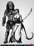 anthro areola armor breasts claw_(weapon) clawed_vambrace claws clothing curved_sword duo female genitals melee_weapon nipples non-mammal_breasts pussy stripes sword text vambrace weapon predaguy anthrosaurs predator_(franchise) amora_the_t-rex kashyll_(predaguy) dinosaur prehistoric_species reptile scalie theropod yautja digital_media_(artwork) hi_res url