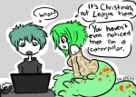 anthro blue_hair computer duo electronics female green_hair hair larva male monster_girl_(genre) text dr_emery arthropod caterpillar human hybrid insect mammal monster english_text