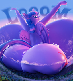 anthro big_breasts big_butt breasts butt cloud female horn huge_breasts huge_butt hyper hyper_breasts hyper_butt jiggling looking_back macro rumbling solo wings maskedtreasure friendship_is_magic hasbro my_little_pony mythology twilight_sparkle_(mlp) equid equine mammal mythological_creature mythological_equine winged_unicorn absurd_res hi_res