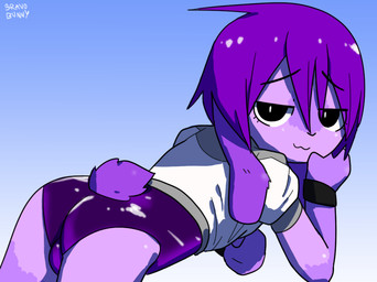 :3 anthro black_eyes blue_background bulge clothed clothed_male clothing femboy fur hair looking_at_viewer male purple_body purple_fur purple_hair simple_background smile solo bravobunny lagomorph leporid mammal rabbit