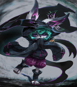bottomwear clothing cross_stitch eyelashes female footwear green_hair hair hood jewelry long_sleeves looking_at_viewer medallion necklace purple_bottomwear purple_clothing purple_eyes purple_shorts shoes shorts simple_background smile smirk standing toeless_footwear toeless_shoes aqualitas5 league_of_legends riot_games tencent shadow_(lol) vex_(lol) humanoid shadow_creature absurd_res hi_res