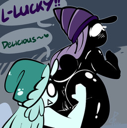 anthro anus black_body black_skin blush butt circle_eyes duo female female/female genitals green_body green_hair green_skin grope hair male no_thoughts nude open_mouth purple_hair shadow_face shell_hat spread_butt spreading surprised vulva thefablednekos spiral_stream_derby lucky_daze spiral_tapp gastropod mollusk snail hi_res