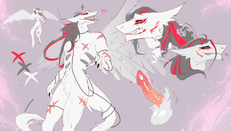 4_fingers anthro balls beckoning biped chain claws erection finger_claws fingers fluffy fur genitals gesture hair looking_at_viewer male male_anthro nude open_mouth penis pose scar simple_background smile solo tail teeth toe_claws tongue tongue_out tuft white_body wings kellsmiley mammal sergal digital_media_(artwork) model_sheet