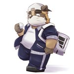 anthro belly bottomwear brown_body brown_fur clothing fur hat headgear headwear kemono male overweight overweight_anthro overweight_male pants shirt simple_background solo topwear white_background emufu canid canine mammal raccoon_dog tanuki 1:1 2014