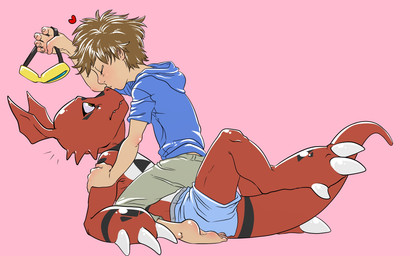 clothing duo heart_symbol interspecies kissing male male/male male_on_bottom male_on_top on_bottom on_top straddling kamechuu bandai_namco digimon takato_matsuki digimon_(species) guilmon human mammal scalie 16:10 hi_res widescreen