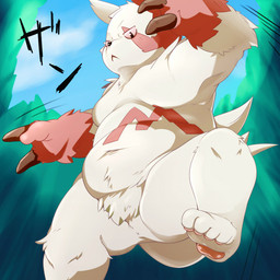anthro belly fur male markings outside overweight overweight_anthro overweight_male red_body red_fur red_markings solo text white_body white_fur ageinu nintendo pokemon generation_3_pokemon pokemon_(species) zangoose 1:1 2015 japanese_text translated