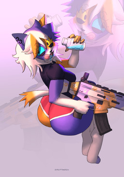 anthro beverage big_butt black_clothing black_eyes black_shirt black_topwear blue_sclera bodily_fluids bottle bottomwear breasts butt clothed clothed_anthro clothed_female clothing container drinking drooling dutch_angle ear_piercing ear_ring eye_through_hair eyebrow_through_hair eyebrows eyelashes eyelashes_through_hair female female_anthro footprint fully_clothed fully_clothed_anthro fully_clothed_female fur gun hair heterochromia holding_bottle holding_container holding_gun holding_object holding_ranged_weapon holding_submachine_gun holding_weapon hotpants licking licking_lips looking_back markings multicolored_body multicolored_fur multicolored_hair orange_body orange_fur orange_hair pawprint pawprint_(marking) piercing purple_background purple_body purple_fur purple_hair ranged_weapon rear_view red_bottomwear red_clothing red_hotpants red_shorts ring_piercing saliva shirt shorts simple_background sitting smile solo submachine_gun tail text tongue tongue_out topwear translucent translucent_hair twitter_handle weapon white_hair yellow_sclera ruttinren calico_cat domestic_cat felid feline felis mammal 2025 absurd_res artist_name colored digital_drawing_(artwork) digital_media_(artwork) full-length_portrait hi_res portrait shaded