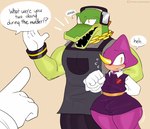 5_fingers anthro bulge clothed clothing dialogue duo_focus electronics fingers gesture gloves group hand_gesture handwear headphones horn male pointing sharp_teeth simple_background speech_bubble teeth text thick_thighs trio white_clothing white_gloves white_handwear wide_hipped_male wide_hips jinu sega sonic_the_hedgehog_(series) the_murder_of_sonic_the_hedgehog espio_the_chameleon vector_the_crocodile chameleon crocodile crocodilian lizard reptile scalie 2023 digital_media_(artwork) english_text hi_res