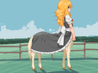 blonde_hair clothed clothing female fence hair hooves long_hair maid_uniform solo split_form uniform meow25meow european_mythology greek_mythology mythology touhou centaur equid equid_taur humanoid_taur mammal mammal_taur taur 4:3